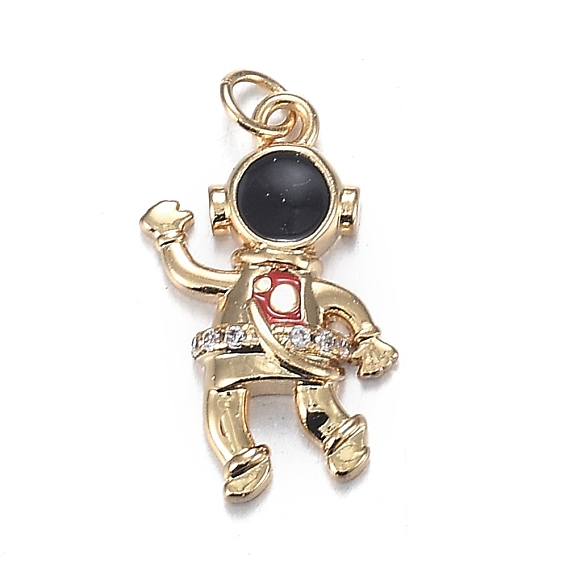 Brass Micro Clear Cubic Zirconia Pendants, with Enamel, Long-Lasting Plated, Astronaut Shape, Black & Red