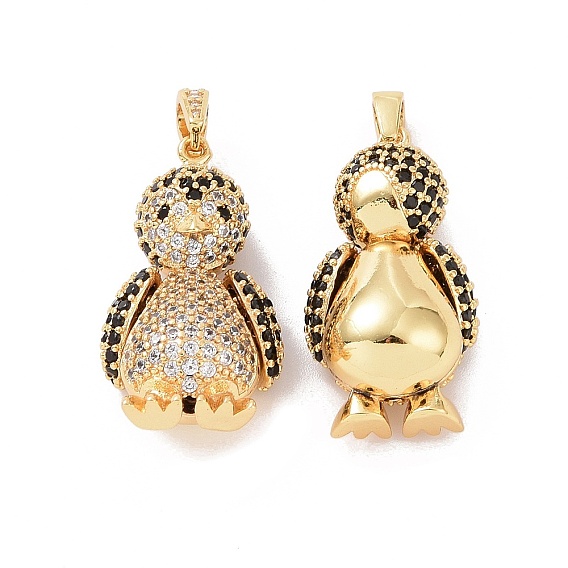 Brass Micro Pave Cubic Zirconia Pendants, Mechanical Charm, Penguin Charm
