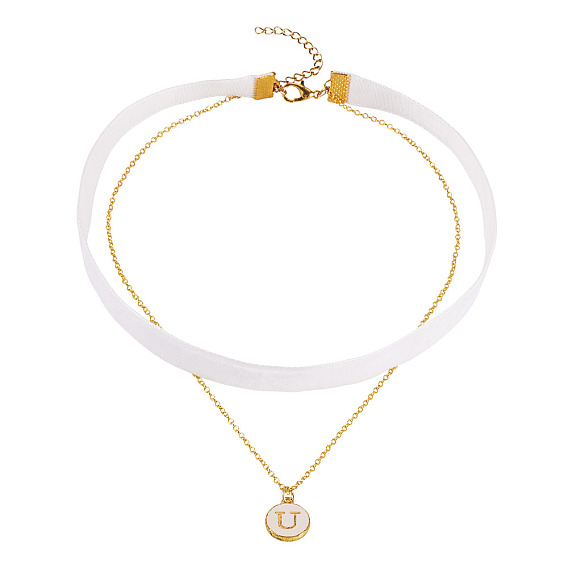 Подвеска в виде буквы из эмалевого сплава, односторонняя, лента из белого бархата и латунная цепочка, двухслойное ожерелье-чокер, золотые