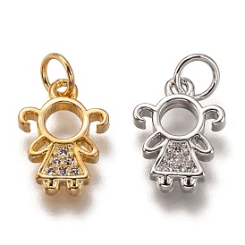 Brass Micro Pave Clear Cubic Zirconia Charms, Cadmium Free & Lead Free, Long-Lasting Plated, Girl