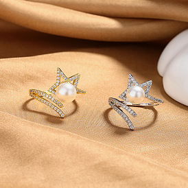 Открытые кольца-манжеты из латуни со стразами и искусственным жемчугом для женщин, звезда