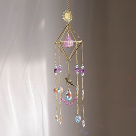 Wire Wrapped Nuggets Gemstome Hanging Ornaments, Metal Rhombus and Glass Suncatchers for Home Window Balcony Decoration