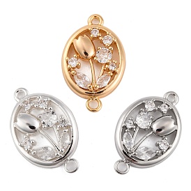 Brass Pave Clear Cubic Zirconia Connector Charms, Oval with Flower Links