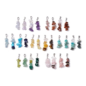 28Pcs 28 Styles Natural Mixed Gemstone Chip Pendants, with 304 Stainless Steel Snap on Bails, Stainless Steel Color