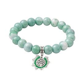 10.5mm Round Opaque Crackle Glass Beaded Stretch Bracelets, Alloy Tree of Life Charm Bracelets