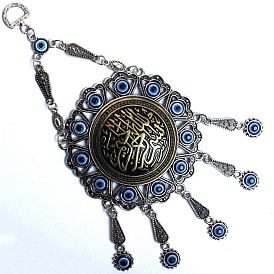 Lampwork Evil Eye Tassel Pendant Decoration, with Alloy Rings, Flat Round
