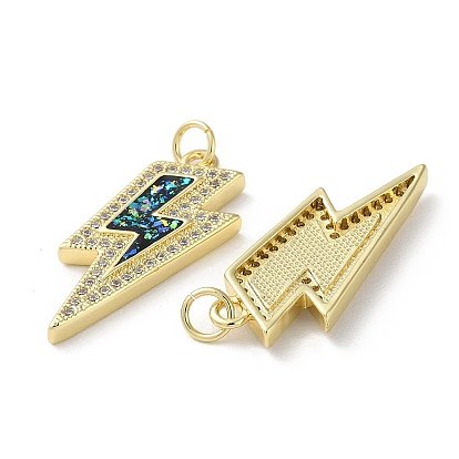 Brass Micro Pave Clear Cubic Zirconia Pendants, with Synthetic Opal and Jump Ring, Real 18K Gold Plated, Lightning