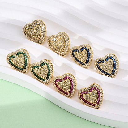 Серьги-гвоздики в форме сердца из латуни с фианитом и кубическим цирконием, долговечный, стойки покрытие, золотые