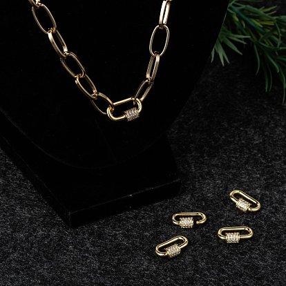 Brass Micro Pave Cubic Zirconia Screw Carabiner Lock Charms, for Necklaces Making, Long-Lasting Plated, Real 18K Gold Plated, Oval, Clear