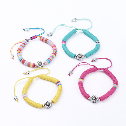 Nylon réglable bracelets cordon tressé de perles, avec des perles heishi en pâte polymère, perles rondes en fer et perles en alliage de style tibétain