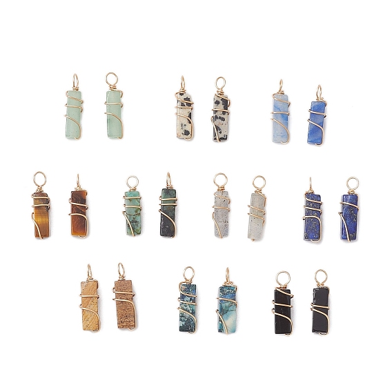 20шт 10 стили натуральный смешанный камень медная проволока подвески, прямоугольник амулеты, золотые, смешанные окрашенные и неокрашенные