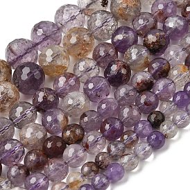 Натуральные фиолетовые фантомные кварцы, фиолетовые лодолитовые кварцевые круглые бусины, нити, граненый (128 граней)
