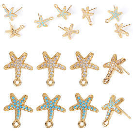 8 шт. 2 цвета латуни микропаве кубические цирконии фурнитура для сережек-гвоздиков, морская звезда, без никеля , долговечный, реальный 18 k позолоченный