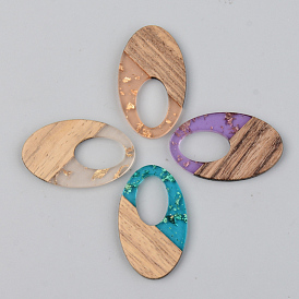 Transparent Resin & Walnut Wood Pendants, with Gold Foil, Oval