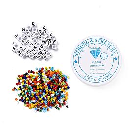 100Pcs Cube with Letter Opaque Acrylic Beads, with Round Glass Seed Beads and Elastic Crystal Thread, for DIY Stretch Bracelet Finding Kits