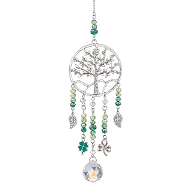 Alloy Tree of Life Pendant Decoration, Glass Round Tassel for Home Garden Outdoor Hanging Ornaments