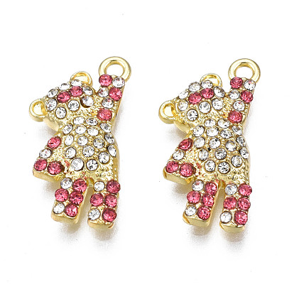 Rack Plating Alloy Pendants, with Rhinestone, Cadmium Free & Lead Free, Bear Charms, Light Gold