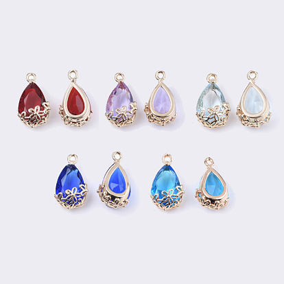 Transparent Glass Pendants, for DIY Jewelry Making, with Brass Findings, Faceted, Teardrop with Flower, Light Gold
