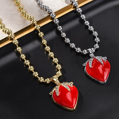 Латунная красная эмаль клубника кулон шариковая цепочка ожерелья, с четким кубического циркония, без кадмия и без свинца, долговечный, стойки покрытие