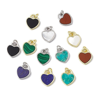Natural Gemstone Heart Charms, with Rack Plating Brass Findings, Cadmium Free & Lead Free