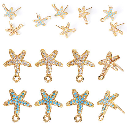 8 шт. 2 цвета латуни микропаве кубические цирконии фурнитура для сережек-гвоздиков, морская звезда, без никеля , долговечный, реальный 18 k позолоченный