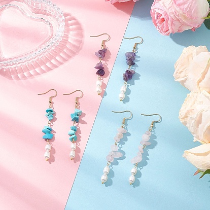 304 серьги-подвески из нержавеющей стали с натуральным культивированным пресноводным жемчугом и рисом, с синтетической бирюзой, натуральным розовым кварцем и натуральным аметистом, золотые