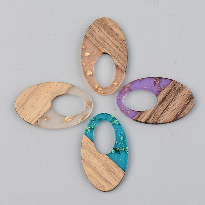 Transparent Resin & Walnut Wood Pendants, with Gold Foil, Oval
