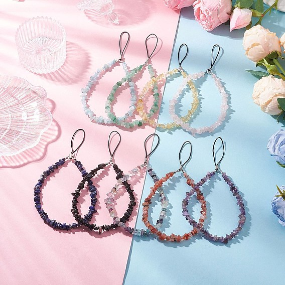 9Pcs 9 Styles Natural & Synthetic Mixed Stone Chips Beaded Mobile Straps, Platinum