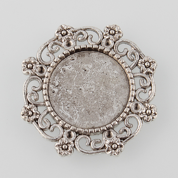 Тибетский стиль серебра антиквариата настройки цветка сплава лоток кабошон, без кадмия и без свинца, лоток: 15 мм, подходит для 1 мм горный хрусталь, 27x25x2 мм, о 294 шт / 1000 г