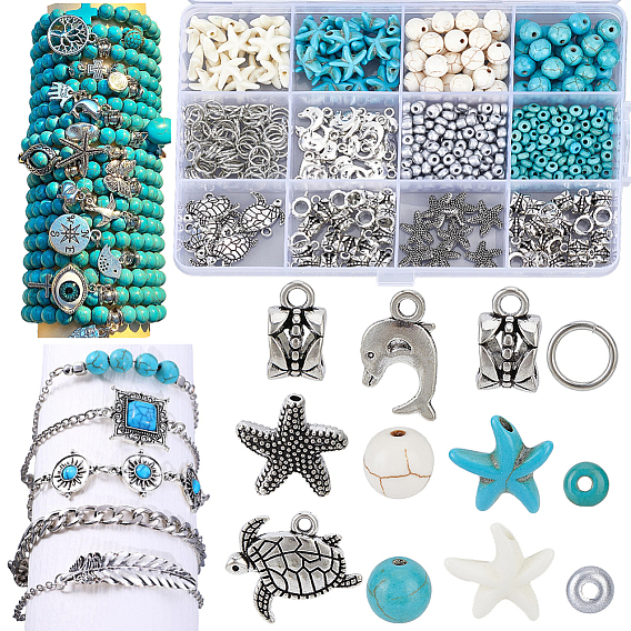 DIY Schmuck Befunde Kits, inklusive synthetischer Türkisperlen, Runde Rocailles, Messing Biegering, Legierungs-Zubehör