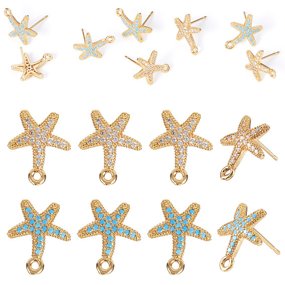 8 шт. 2 цвета латуни микропаве кубические цирконии фурнитура для сережек-гвоздиков, морская звезда, без никеля , долговечный, реальный 18 k позолоченный