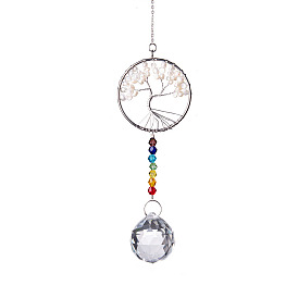 Glass Teardrop Pendant Decorations, Pearl Bead Tree of Life Hanging Suncatchers, with Metal Findings and Chakra Glass Bead