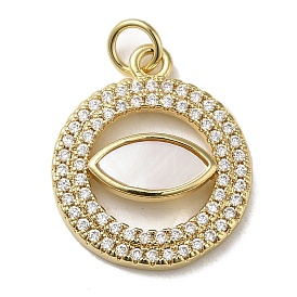 Brass Micro Pave Cubic Zirconia Pendants, with Shell, Flat Round