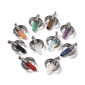 Natural & Synthetic Gemstone Pendants, with Antique Silver Tone Alloy Ox Horn Findings, Cadmium Free & Lead Free, Faceted Bullet Charm