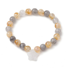 Bracelets extensibles en perles de citrine naturelle ronde de 1 mm et de quartz nuageux, Bracelets à breloques en cristal de quartz naturel étoile pour femmes et hommes