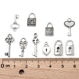 Tibetan Style Alloy Charms, Key and Lock, Mixed Style, Lead Free, 10~21.5x6.5~10x2~3mm, Hole: 1~4mm, 10pcs/set