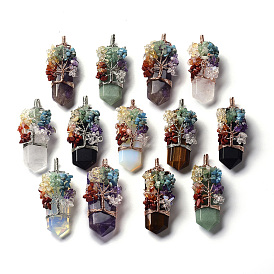 Beads pendentifs, avec des perles de copeaux de pierres précieuses mélangées, fil de laiton