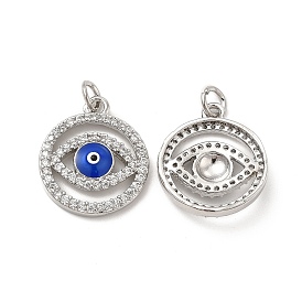 Brass Micro Pave Cubic Zirconia Pendants, with Enamel Evil Eye & Jump Ring, Flat Round Charm
