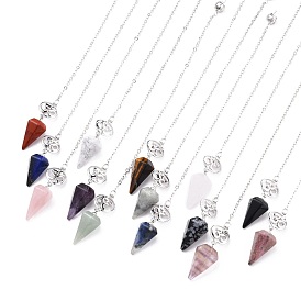 Gemstone Hexagonal Pointed Dowsing Pendulums, with Platinum Plated Brass Findings, Ohm/Aum & Cone