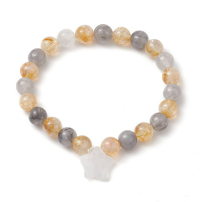 8mm Round Natural Citrine & Cloudy Quartz Beaded Stretch Bracelets, Star Natural Quartz Crystal Charm Bracelets for Women Men