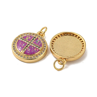 Brass Micro Pave Cubic Zirconia, with Synthetic Opal Pendants, with Jump Rings, Real 18K Gold Plated, Flat Round with Cross