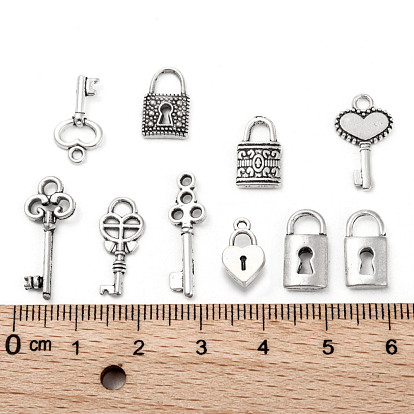 Tibetan Style Alloy Charms, Key and Lock, Mixed Style, Lead Free, 10~21.5x6.5~10x2~3mm, Hole: 1~4mm, 10pcs/set
