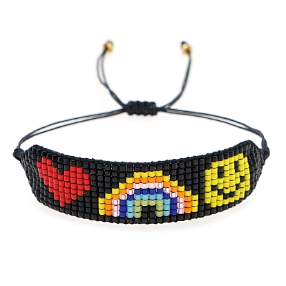 Heart & Rainbow & Smiling Face Loom Pattern MIYUKI Seed Beads Bracelets for Women, Adjustable Nylon Cord Braided Bead Bracelets