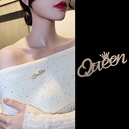 Crystal Rhinestone Crown with Word Queen Safety Pin Brooch, Feminism Alloy Badge for Women