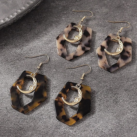 Серьги-подвески из цинкового сплава и акрила, шестиугольник с луной, золотой свет