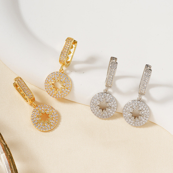 Серьги-кольца ко Дню святого Валентина из латуни с прозрачным кубическим цирконием, плоские, круглые, с полой звездой