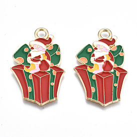 Eco-Friendly Alloy Enamel Pendants, Cadmium Free & Lead Free & Nickel Free, for Christmas, Gift Box with Santa Claus, Light Gold