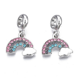 Rack Plating Alloy European Dangle Charms, with Rhinestone, Large Hole Pendants, Cadmium Free & Nickel Free & Lead Free, Platinum, Rainbow