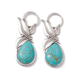 Synthetic Turquoise Big Pendants, Teardrop Charms, with Rack Plating Leaf Alloy Findings