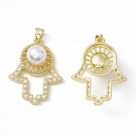 Rack Plating Brass Micro Pave Clear Cubic Zirconia Pendants, with Acrylic Bead, Long-Lasting Plated, Cadmium Free & Lead Free, Hamsa Hand/Hand of Miriam